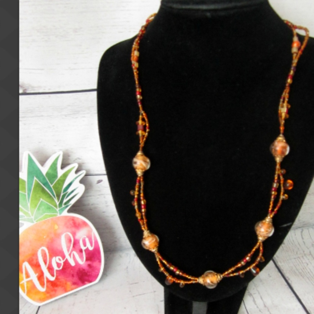 Amber and Red Glass Beaded Necklace 23"